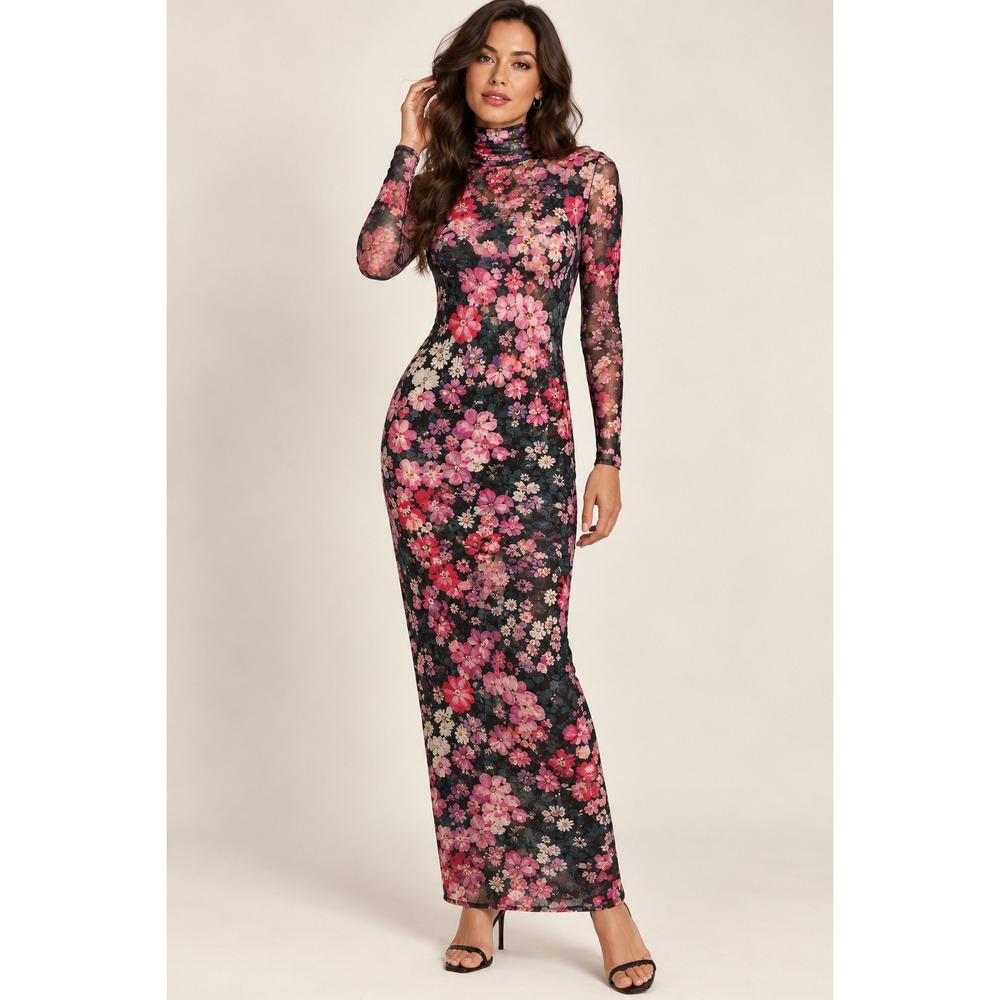 AFRM Shailene Floral Mesh Turtleneck Maxi Dress Long Sleeve Pink Purple Bodycon